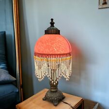 Victorian Boudoir Table Lamp Pink Blush Glass w Beaded Fringe 14