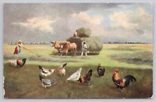 Postcard German American Novelty Art Series, Oxen & Hay Cart with Chickens, VTG picture