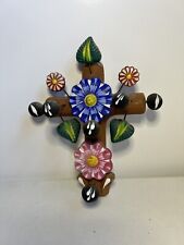 Mexican Colorful  Clay Cross 9 Inches Tall Catholic Easter Flowers Mothers Day picture