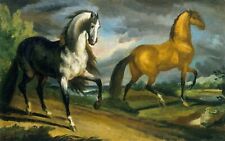 Art Oil Jean-Louis-Andre-Theodore-Gericault-Two-Horses in landscape canvas picture