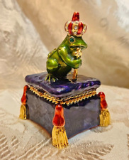 Vintage *  Bejeweled Frog King on Tasseled Cushion * Magnetic Hinged Trinket Box picture