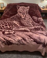 Vintage San Marcos Blanket Reversible Jungle Leopard Maroon/Salmon Pink 84”x92” picture