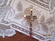 Vintage Metal with Wood Inlay 3.5” Skull & Crossbones Pectoral CRUCIFIX- Germany picture