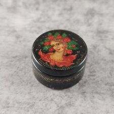 Vintage Pill Box Russian Hand Painted Colorful Scene Black Lacquer Signed USSR picture