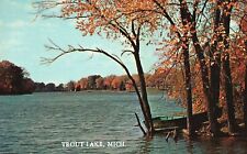 Vintage Postcard Trout Lake Autumn Reflection Boating Fishing Area Michigan MI picture