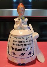 Rare White / Blue TrimVintage Enesco Kitchen Prayer Lady Instant Coffee Canister picture