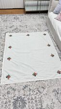 Vintage Cotton Linen Flower Embroidered Tablecloth 53x47” H picture