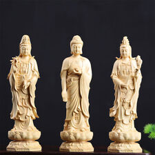 1pc Boxwood West Three Buddha Sculpture Wood Sakyamuni Guanyin Statue Home Decor picture