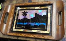 Vintage Butterfly Wing Glass & Wood Inlay Serving Tray - Rio de Janeiro Souvenir picture