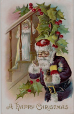Blue Robe Santa Claus with Child~Toys~Holly~Antique~Christmas Postcard~h826 picture