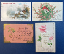 Mixture 4 New Year Antique Postcards, EMB, Gold. UND Backs. Flowers, Scenes picture