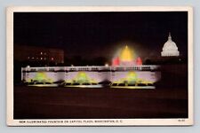 Postcard Fountain & Capitol Plaza at Night Washington DC, Vintage Linen L13 picture