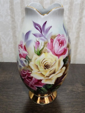 Vintage Ucagco Ceramic Vase Hand Painted Flowers Roses with Gold Rim Cottagecore picture