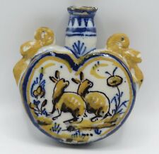 Antique French Faience Flask With Dog & Rabbits Polychrome  picture