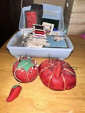 Two Vintage Tomato Pin Cushions w/Vintage And Lot Of Travel Sewing Kits Lot Of 2 picture