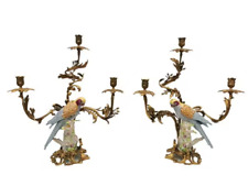 XXL Set Of Porcelain Boho Decor Candlesticks With Bronze Ornaments Parrots Rrae picture