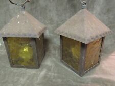 Vintage Square Metal Amber Glass Storybook House Ceiling Light Fixture Pair ASIS picture