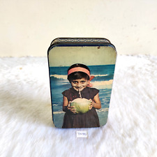 Vintage Girl With Coconut At Beach Graphics Nutrine Advertising Tin Box Old TN85 picture