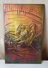 Vintage Soviet Chasing Embossed Picture Copper Wall Plaque Hockey Player picture