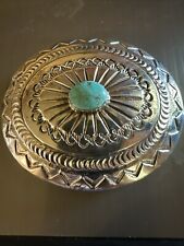 Vintage Navajo Sterling Silver & Turquoise Belt Buckle Signed M. Heavy 2.4 Oz. picture