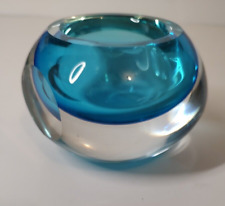 VTG. Heavy Murano Glass Geode Flat Sided Blue Bowl Mid Century Modern Sommerso picture