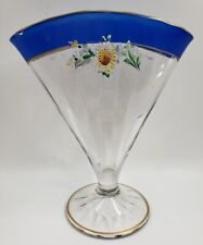Vintage Colbalt & Clear Glass Hand-Painted Fan Shaped Vase Gold Tone Accents picture