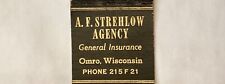 RARE 1930’S FEATURE OMRO, WIS- A.F. STREHLOW INSURANCE AGENCY MATCHBOOK COVER picture
