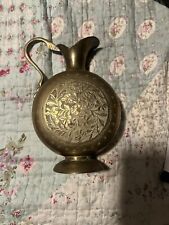 Vintage India Brass Etched Water Pitcher Vessel Carafe Elegant Curved Handle picture