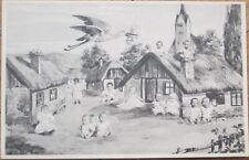 Multiple Baby 1902 Postcard, Babies Sit Around Rural Cottage Stork Delivers Baby picture