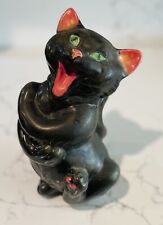 1960s Vintage Chalkware Plaster Black Cat Figure 9” Comical Smile picture