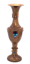 Vintage Ornate Beaded Brass Vase Turquoise Coral Black Onyx Colored Accents 7.75 picture
