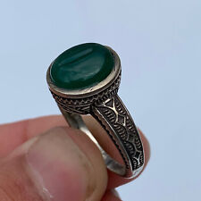 Very Stunning Rare Ancient Antique Silver Viking Ring With Green Stone Artifact picture