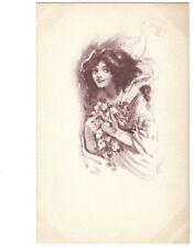 c1910 Beautiful Girl Woman Holding Flowers Sepia Tone Artist Signed Postcard picture