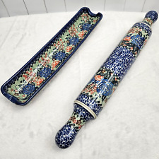 Hand Painted Polish Pottery Rolling Pin And Cradle UNIKAT Signature Blue Roses picture