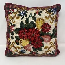 Burgundy Velvet Pillow with Poinsettas 13x13 Christmas Wool Needlepoint picture