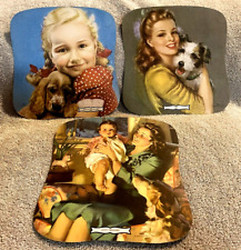 VTG 3 Paper Hand Fans - Blonde Girl Cocker Dog + Girl Terrier Dog + Mom Baby Dog picture