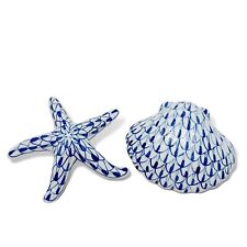 Vintage Set of Blue & White Fishnet Porcelain Seashell Shell Starfish picture