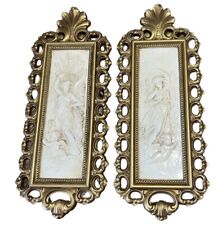 PAIR VINTAGE 1971 HOMCO GRECIAN GODDESS & CHERUB GOLD SYROCO WALL PLAQUES picture