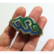 Vintage Alpaca Mexico Signed Blue & Green Turquoise Inlay Design Cuff Bracelet picture