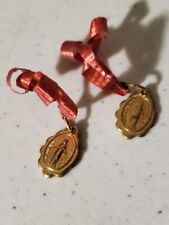 2 Lot Rare Vintage Original Holy Mary Charms Mini Metals With Red Tie Ribbons picture
