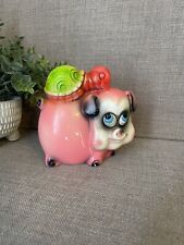 Mid Century Pig With Turtle Chalkware Bank Carnival Prize Day Glow Neon Pink VTG picture