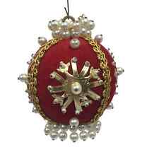 Vintage Handmade Red Faux Pearl Bead Gold Trim Pushpin Ornament picture