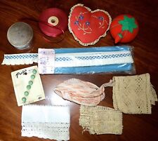 VINTAGE/ANTIQUE LOT OF SEWING ITEMS PIN CUSHIONS CROCHET LACE SATIN TRIM BUTTONS picture
