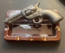 Vintage Browm 6” Ceramic Ashtray w/ Six Shooter Revolver Pistol Colt MCM picture