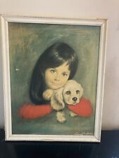 Louis Shabner 1960s Mid Century Girl And Puppy Dog Framed Vintage Print 64X51CM picture