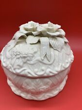 Vtg Ivory Porcelain Round Trinket Dish Jewelry Box 3D Roses Ribbons Basket 7” picture