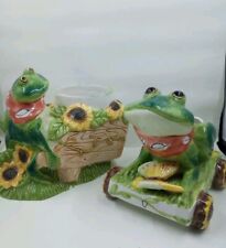 Set Of 2 Vintage WCL Ceramic Frog & Cart Planters Sunflower  picture
