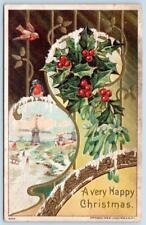 1908 A VERY HAPPY CHRISTMAS HOLLY WINDMILLS EMBOSSED JULIUS BIEN CO POSTCARD picture