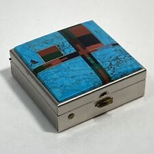 Vintage Handcrafted Turquoise Inlay Pill Box Square 1.5