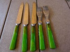 5 Vtg BAKELITE green handle 2 fork 3 knife stainless flatware Utensils picture